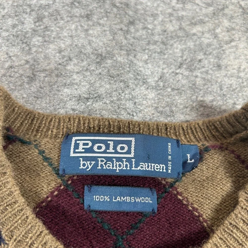 Polo Ralph Lauren Sweater Mens Large Tan Argyle Lambswool Crewneck Preppy Casual